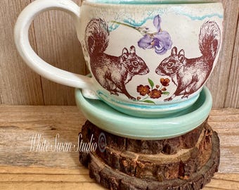 Squirrel tea cup, flowers with saucer. Stoneware small cups, woodland squirrels and flowers tea mugs, Handmade USA