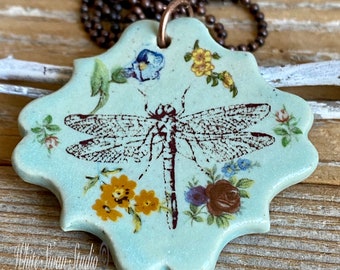 Two sided dragonfly pendant/necklace. Insect focal, handmade porcelain pendant, colorful floral details,USA