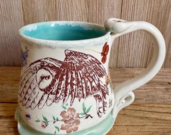 Barn owl mug with colorful flowers. Flying owl, thumb rest, stoneware,coffee cup, handmade, USA. One of a kind.