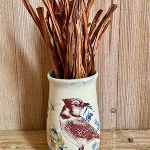 Blue jay tumbler with colorful florals, beer glass, small vase, toothbrush holder, stoneware. One of a kind. Handmade USA