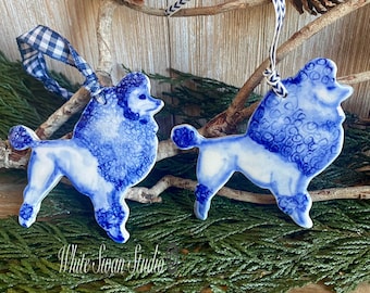 One Poodle ornament, delftware dog ornament, handmade porcelain dog ornament, blue and white, ceramic ornament.