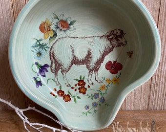 Sheep spoon rest with flowers, ewe spoon rest, farm animal,Small dish. Stoneware. Handmade USA. Hostess, housewarming gift.