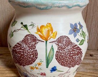 Starlings floral storage jar, cookie jar, stoneware lidded jar with colorful floral decals, bird canister, handmade. One of a kind. USA