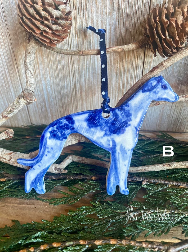 One Greyhound handmade, porcelain, delftware ornament. Ceramic Dog ornament, USA image 4