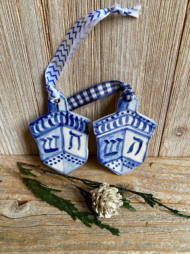 One dreidel ornament. Blue and white delftware ornament. Handmade porcelain hanging dreidel. USA image 3