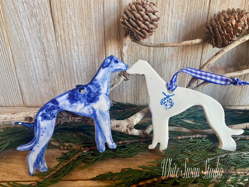 One Greyhound handmade, porcelain, delftware ornament. Ceramic Dog ornament, USA image 2