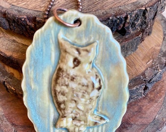 Woodland owl oval pendant/necklace. Hand formed, porcelain, handmade bead.