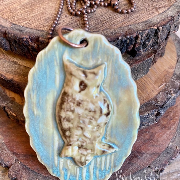 Woodland owl oval pendant/necklace. Hand formed, porcelain, handmade bead.