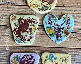 Handmade porcelain cabochons, bead embroidery, beadwork, jewelry settings. Hedgehog, goat, deer, owl or bee. English porcelain, USA