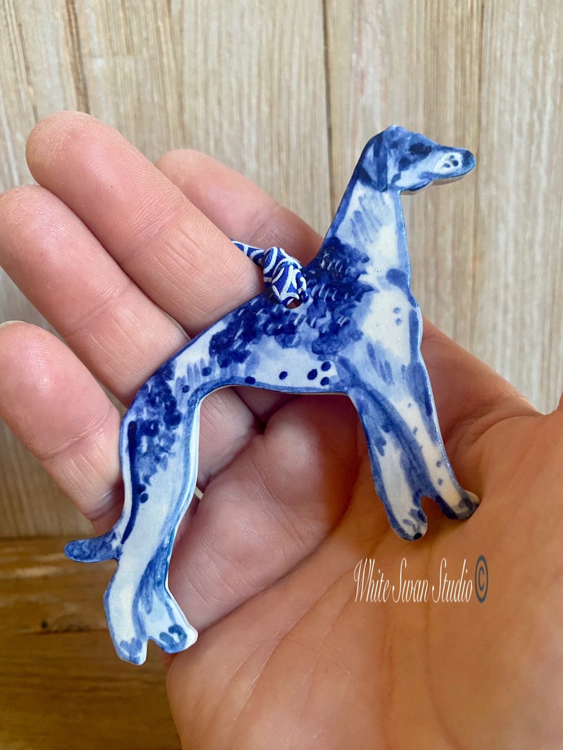 One Greyhound handmade, porcelain, delftware ornament. Ceramic Dog ornament, USA image 7