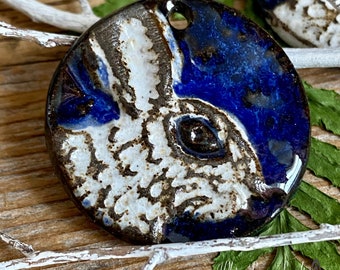 Wild hare ceramic pendant, rabbit stoneware focal bead, jewelry supply, bunny necklace, nature jewelry, handmade USA