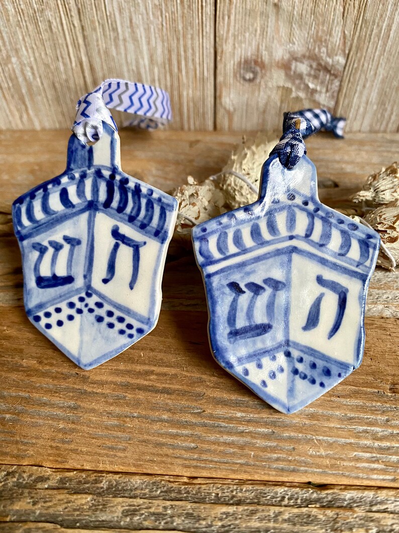 One dreidel ornament. Blue and white delftware ornament. Handmade porcelain hanging dreidel. USA image 7