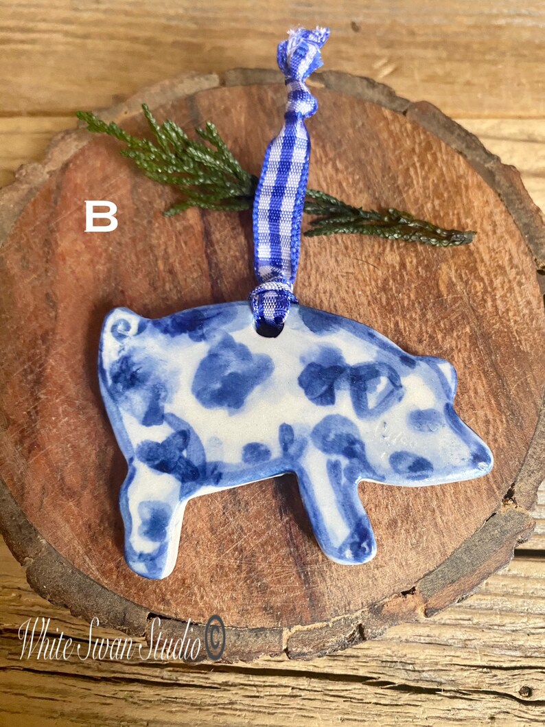 One Pig delftware, porcelain blue and white handmade ornaments. USA image 4