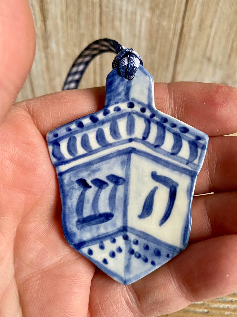 One dreidel ornament. Blue and white delftware ornament. Handmade porcelain hanging dreidel. USA image 5