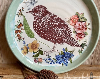 Starling and flowers plate. 8.5”stoneware handmade dish with bird and  flowers Handmade plate One of a kind, USA