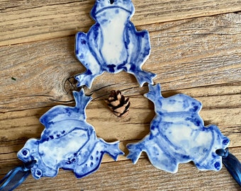 One frog ornament, delftware  porcelain ornament, blue and white. Handmade ornament, USA.
