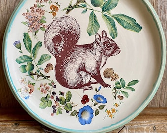 Squirrel handmade plate, red squirrel dinner dish, stoneware, woodland 10.5”