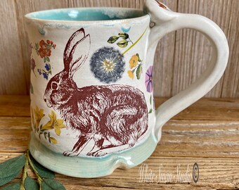 Rabbit mug colorful flowers wild hare coffee cup. One of a kind. Woodland tea cup. Thumb rest, dishwasher safe, handmade USA