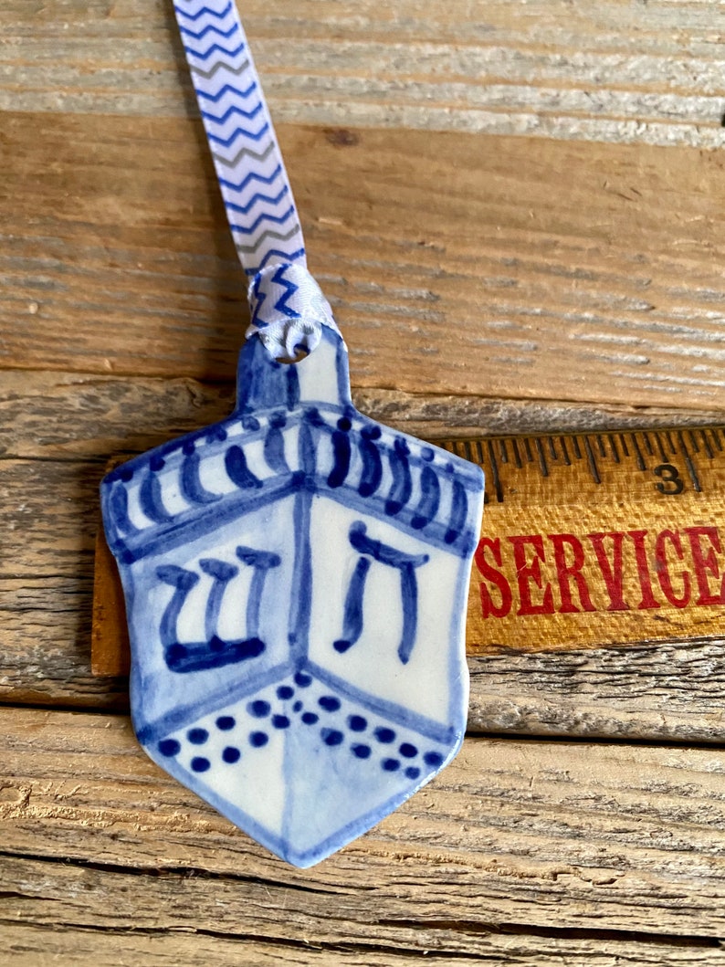 One dreidel ornament. Blue and white delftware ornament. Handmade porcelain hanging dreidel. USA image 9