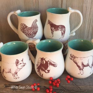 Farm animal themed mugs. Chicken, horse, pig, goat, or sheep coffee cup.  Farm tea cup. Thumb rest mug. Handmade USA