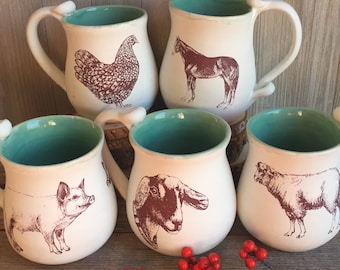 Farm animal themed mugs. Chicken, horse, pig, goat, or sheep coffee cup.  Farm tea cup. Thumb rest mug. Handmade USA