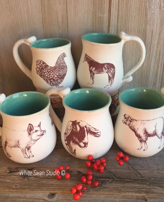Handmade Farm Animal Mug: Stoneware Coffee Cup with Thumb Rest