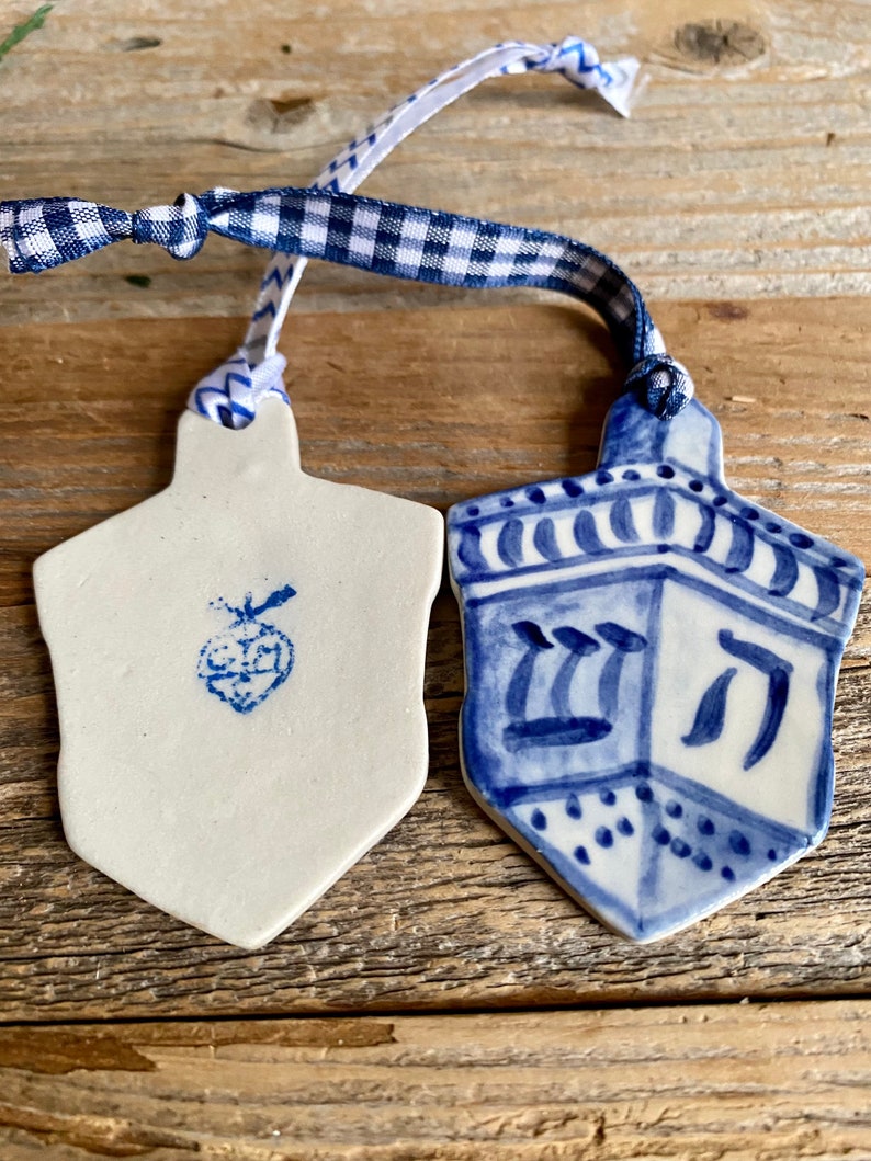 One dreidel ornament. Blue and white delftware ornament. Handmade porcelain hanging dreidel. USA image 6