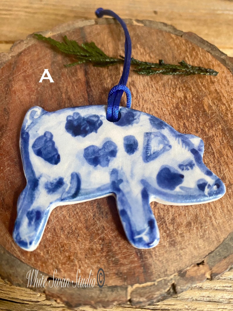 One Pig delftware, porcelain blue and white handmade ornaments. USA image 3