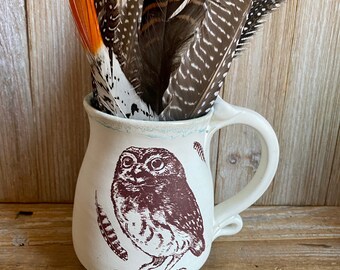 Owl and feather stoneware handmade mug, thumb rest, bird tea mug, thumb rest mug, handmade USA