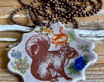 Two sided squirrel pendant/necklace. Woodland focal, handmade porcelain pendant, colorful floral details,USA