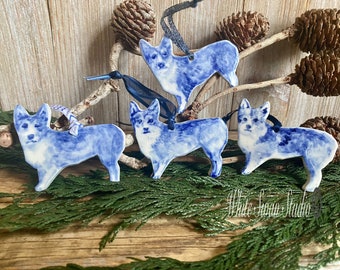 One corgi delftware porcelain ornament. Blue and white, dog ornament, handmade ornament, USA