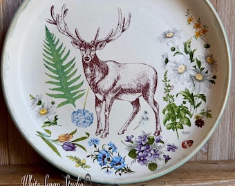 Stag, deer colorful florals. Dinner plate, woodland themed dish, deer, handmade, OOAK.