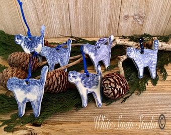 One delftware standing cat ornament, blue and white, kitten, Christmas, porcelain, handmade ornaments, USA