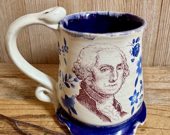 George Washington mug,coffee cup delftware tea mug,  250 American anniversary ,  thumb rest mug handmade USA