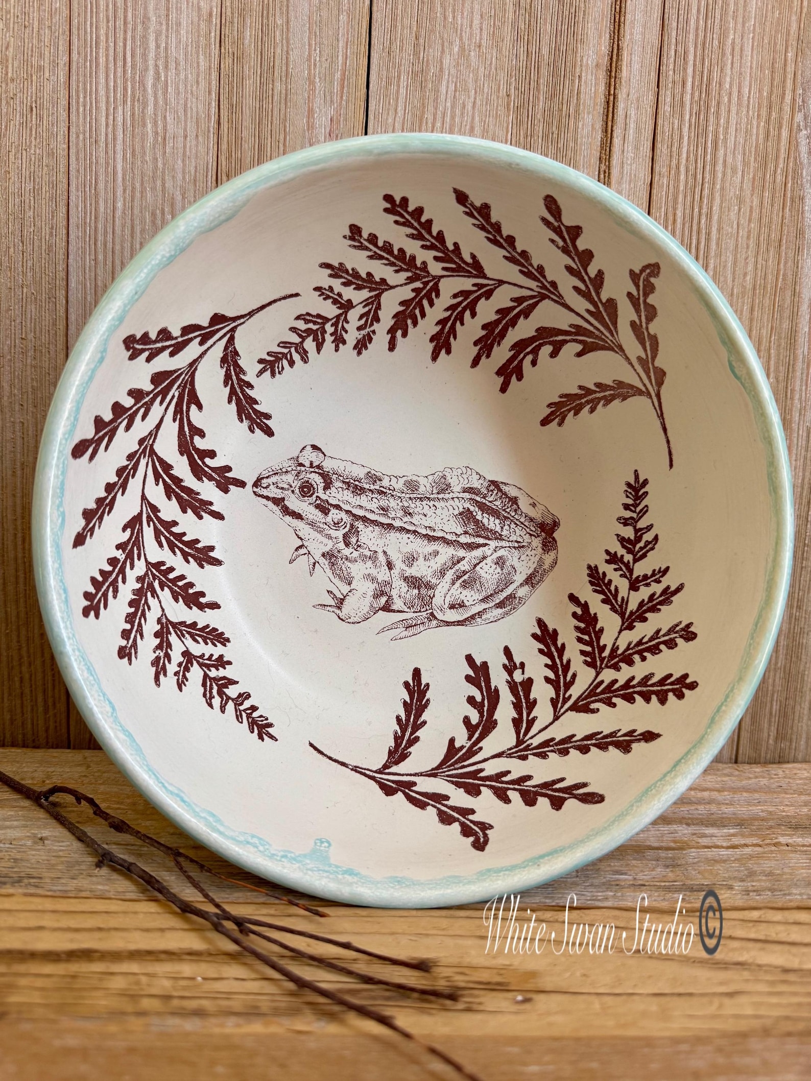 Toad and ferns serving bowl, stoneware, housewares. Handmade dinnerware, USA