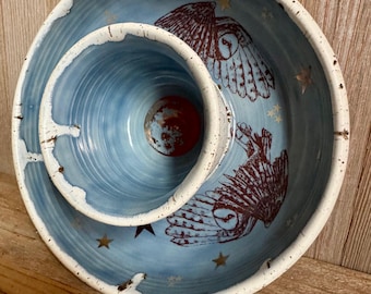 Handmade Stoneware Chip and Dip Set: nighttime barn owls, precious metal moon and stars