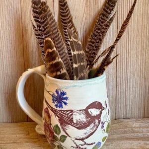 May include: A ceramic mug with a bird and floral design, filled with brown and tan feathers. The mug has a white base with a light blue rim and handle. The mug is decorated with a bird, flowers, and the text "White Swan Studio".