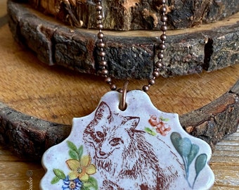 Two sided fox pendant/necklace. Woodland focal, handmade porcelain pendant, colorful floral details,USA