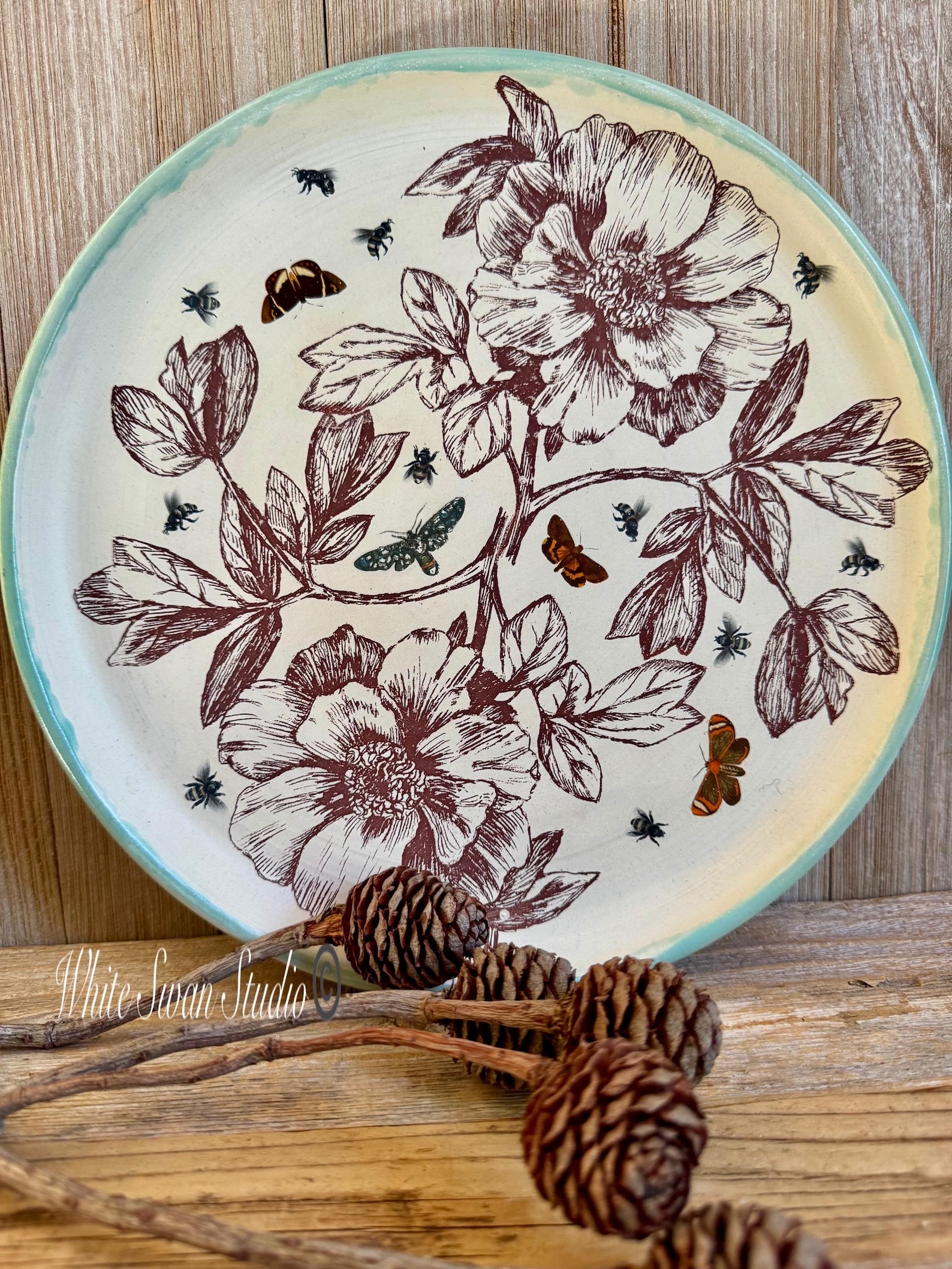 Handmade Stoneware peony, moth and bees dinner Plate: Floral Design, OOAK