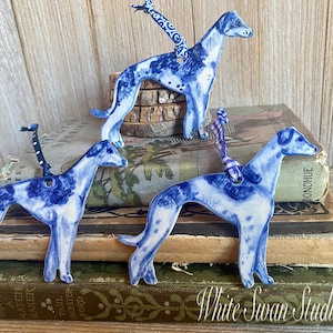 One Greyhound handmade, porcelain, delftware ornament. Ceramic Dog ornament, USA image 1