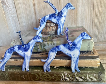 One Greyhound handmade, porcelain, delftware ornament. Ceramic Dog ornament, USA