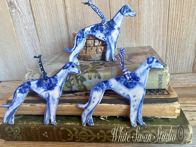 One Greyhound handmade, porcelain, delftware ornament. Ceramic Dog ornament, USA image 1