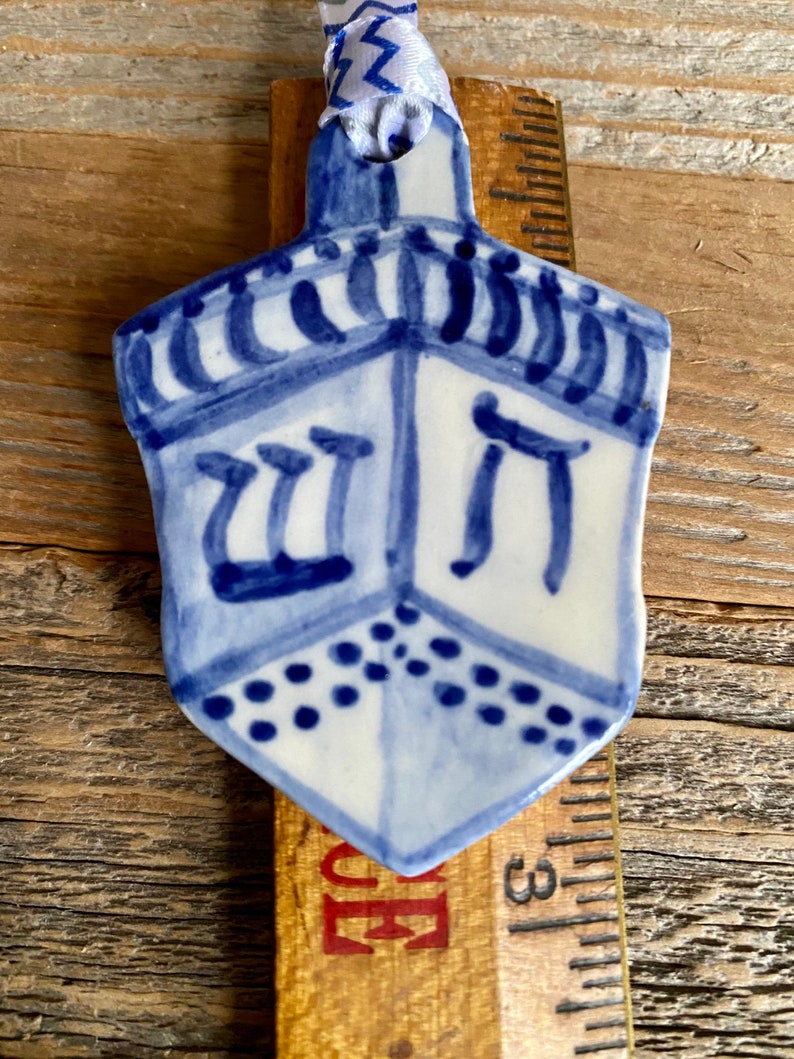 One dreidel ornament. Blue and white delftware ornament. Handmade porcelain hanging dreidel. USA image 8