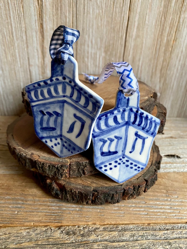 One dreidel ornament. Blue and white delftware ornament. Handmade porcelain hanging dreidel. USA image 4