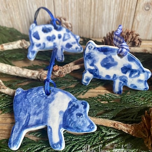 One Pig delftware, porcelain blue and white handmade ornaments. USA image 1