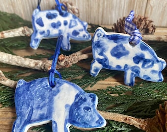 One Pig delftware, porcelain blue and white handmade ornaments. USA