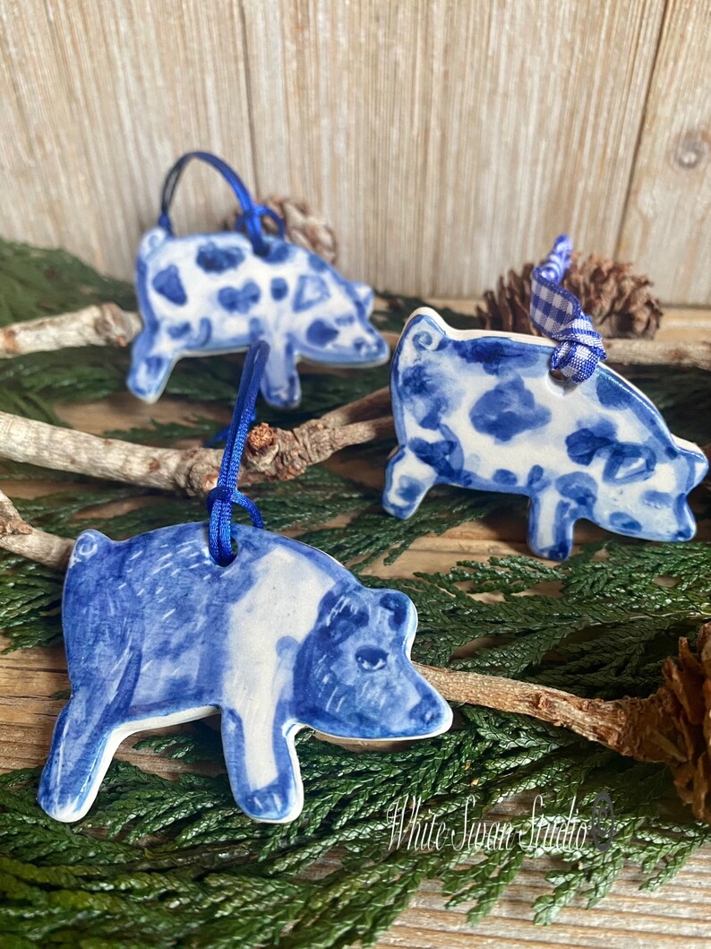 One Pig delftware, porcelain blue and white handmade ornaments. USA image 1