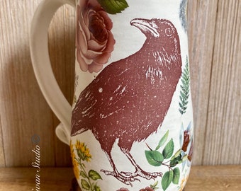 Tall crow mug with colorful flowers oversized crow coffee cup, corvid beer stein, thumb rest mug, handmade mug, dishwasher safe, made in USA