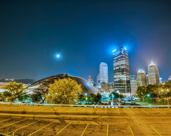 The moon over the Civic Arena and Pittsburgh skyline - Pittsburgh skyline - Various Prints