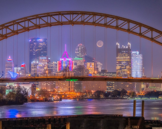 Framing the crescent moon - Pittsburgh skyline - Various Prints